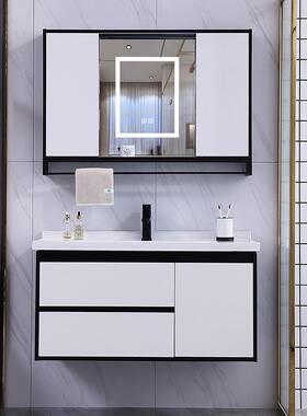 7W494经典黑推拉门风水镜白浴柜室合套装大容量组隐藏收纳镜柜洗