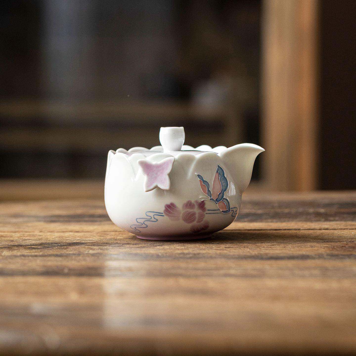 体纯绘釉下彩渐变手紫梦蝶11不烫手手抓茶壶陶高瓷档堆绘立蝴蝶