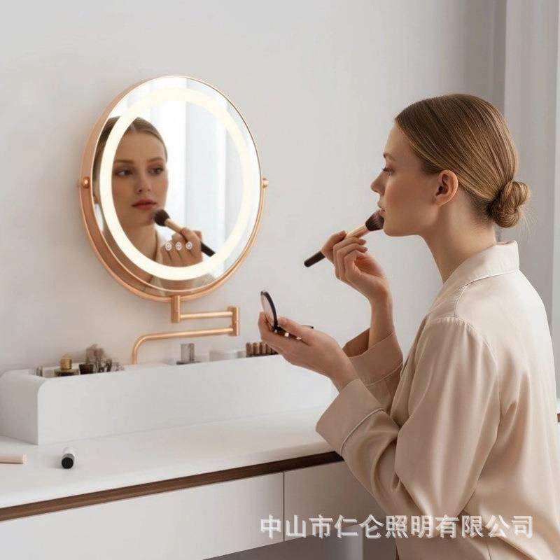 L色ED化妆镜可伸缩折叠功家化用桌面梳妆841台妆镜三调光多能旋转