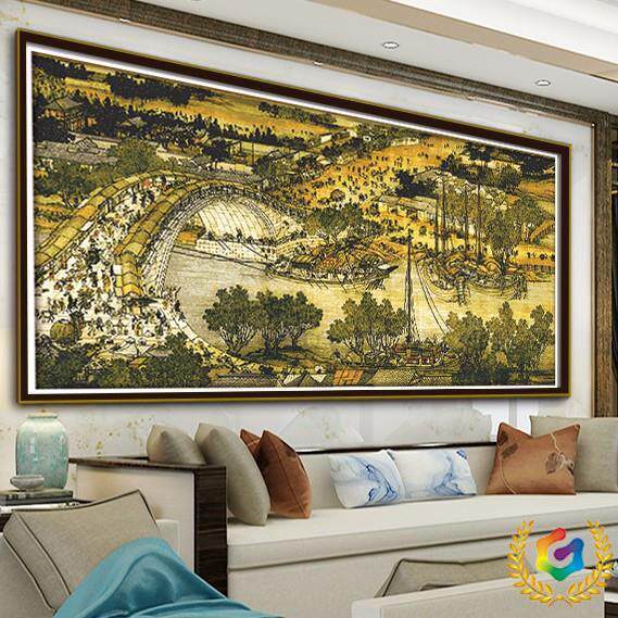 2米清明装上河图F$p$ph(b满绣字绣名画刺绣新?中式客十厅饰风景画