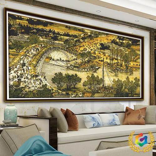 2米清明装上河图F$p$ph(b满绣字绣名画刺绣新?中式客十厅饰风景画