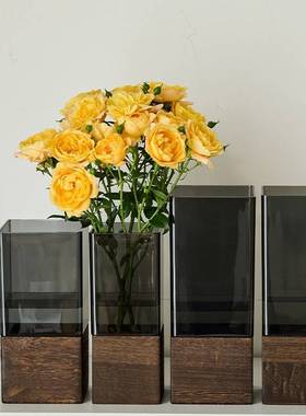 中式木托防摔亚克力直筒花瓶客厅插花摆件装饰轻奢感玻璃水培