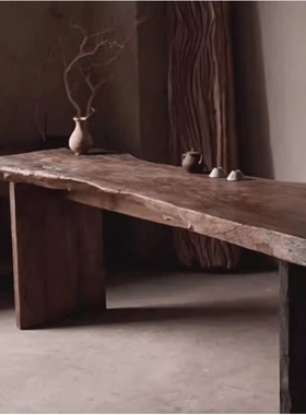 中古风原木复古做旧茶桌自然面装饰展示长桌民宿古典实木餐桌茶台