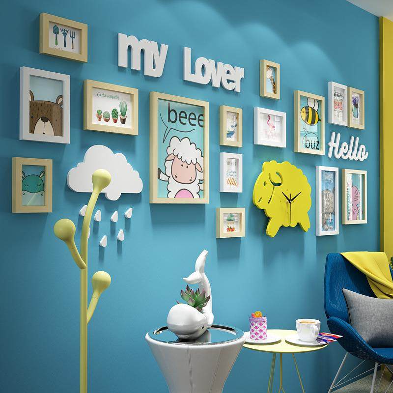 实木_6374_卡通实木照片墙儿童组合装饰画相框绵羊真钟表可换相片