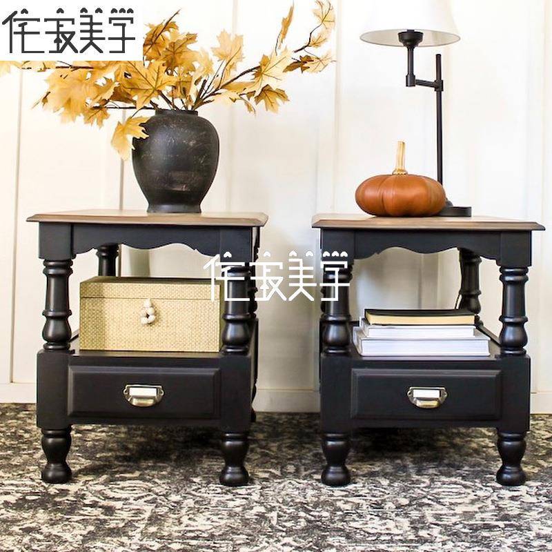 美式乡村复古做旧床头柜客厅沙发旁角柜双层镂空边几置物柜雕花柜