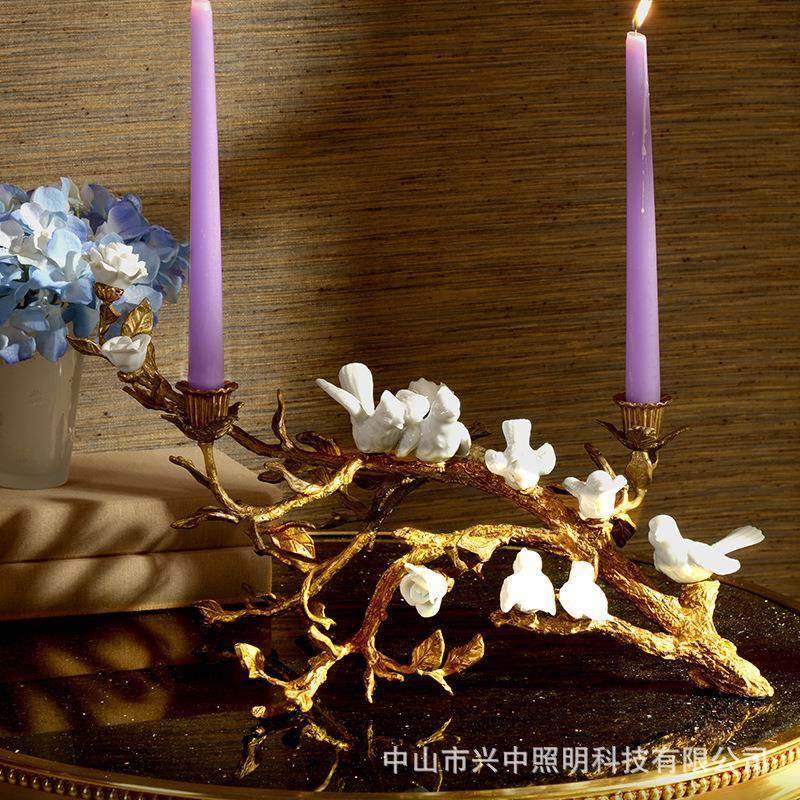 欧式法式小鸟纯铜双头烛台美式别墅客厅家居两头烛台装饰摆件