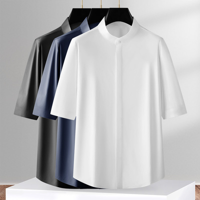 高端休闲免熨烫中袖立领衬衫男