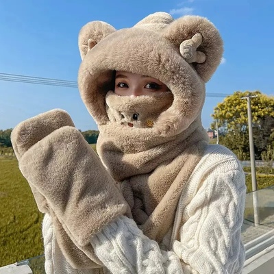 小熊耳朵加厚帽子围巾一体