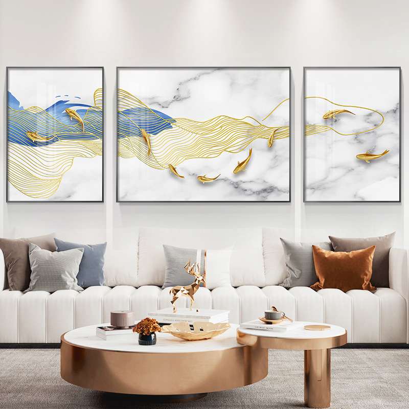 九鱼图客厅装饰画酒店别墅轻奢沙发背景墙挂画现代寓意好大气壁画图片