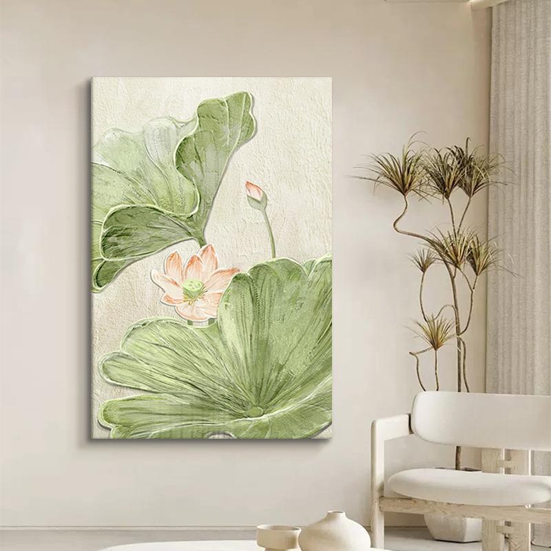 奶UNO油风荷花纯手象绘油画入户玄装饰画客厅抽新荷叶关中式肌理图片