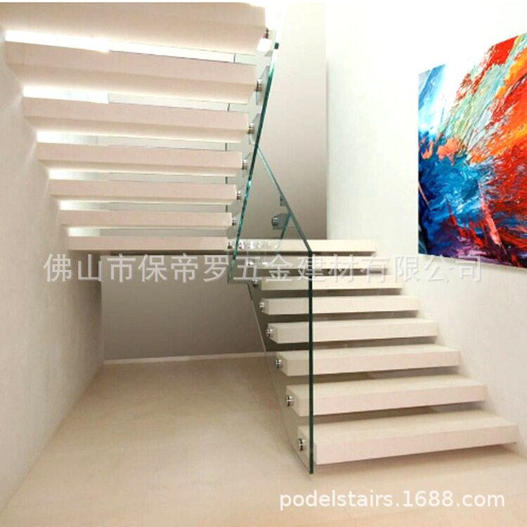 保帝罗钢木悬浮玻璃楼梯扶手立柱栏杆 钢化玻璃护栏