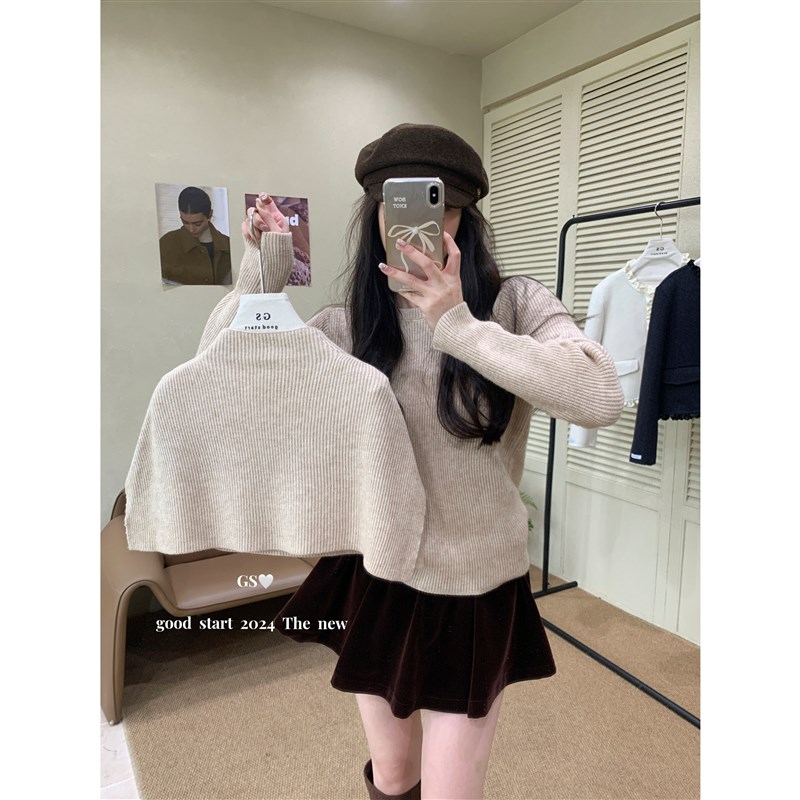 2024秋冬半高领披肩加厚毛衣两件套女高级感针织衫斗篷打底衫上衣