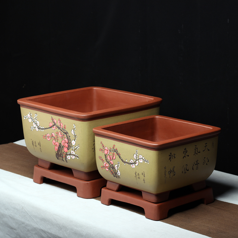 宜兴家用陶瓷紫砂盆景花盆地面桌面正方形带座彩绘透气老桩盆古典