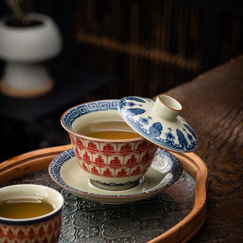 老陶泥三才盖碗青花陶瓷敦煌千佛泡茶碗开片可养悬停盖碗功夫茶具