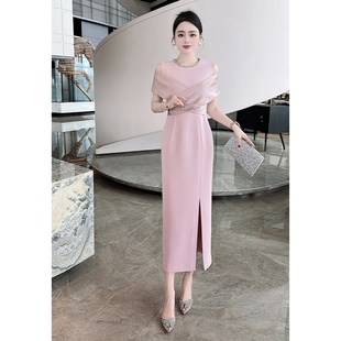 优雅女装婚礼宴会修身大码气质礼服连衣裙粉红色订钻设计感晚宴裙