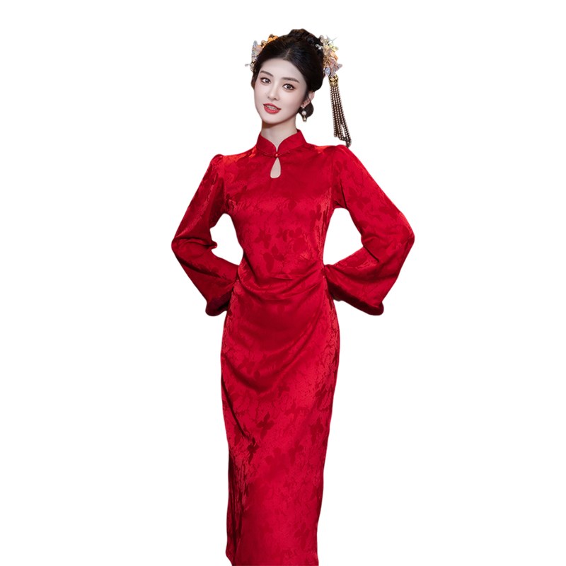红色冬季倒大袖新中式敬酒服旗袍改良新娘结婚订婚回门出阁宴礼服