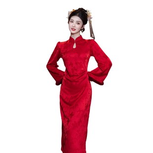 红色冬季倒大袖新中式敬酒服旗袍改良新娘结婚订婚回门出阁宴礼服