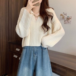 娃娃领白色短款毛衣女秋冬季内搭针织打底衫v领设计感小个子上衣