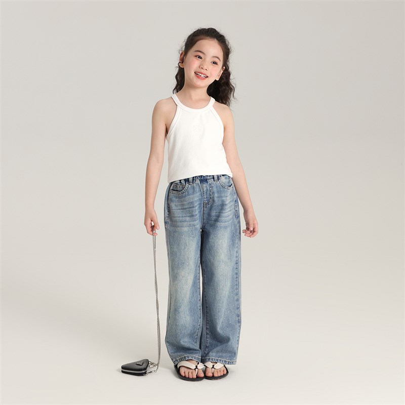 布丁哈鲁童装夏装女童洋气长裤2024夏季新款儿童休闲直筒牛仔裤