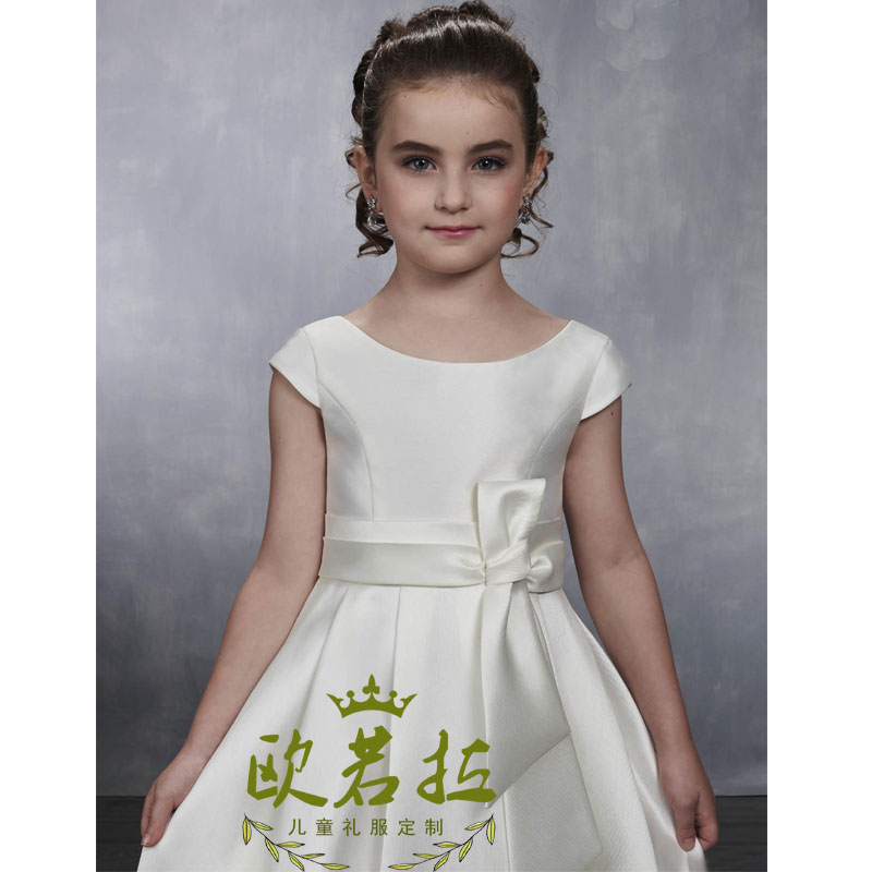 少女童大提琴钢琴演出晚礼服儿童白色缎面伴娘婚纱绑带长款公主裙