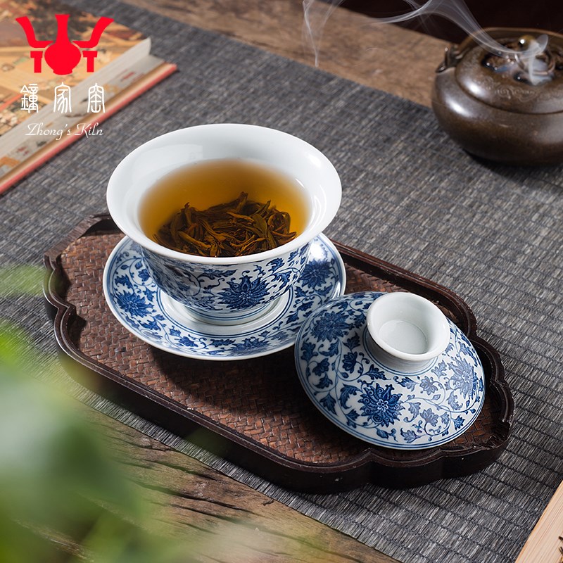 钟家窑功夫茶具套装景德镇柴窑青花手绘点工缠枝莲纹盖碗茶杯套组
