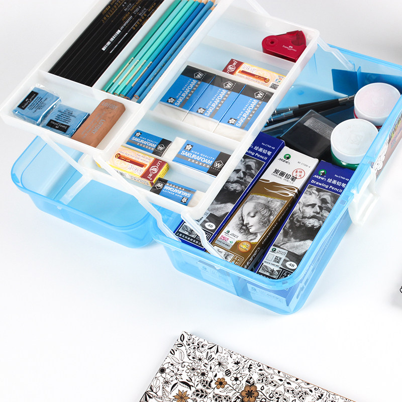 健桦美术铅笔盒工具箱三层透明储物盒素描炭笔绘画工具收纳箱大号