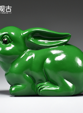 绿色兔子摆件实木雕刻十二生肖木质绿兔新居客厅电视柜补角装饰品