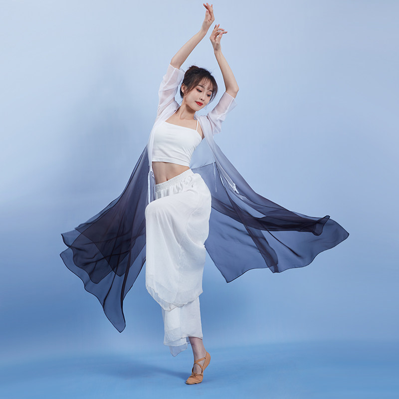 速发古典舞中国衣古风上衣舞逸水墨黑白渐变中长款太极纱飘民族表