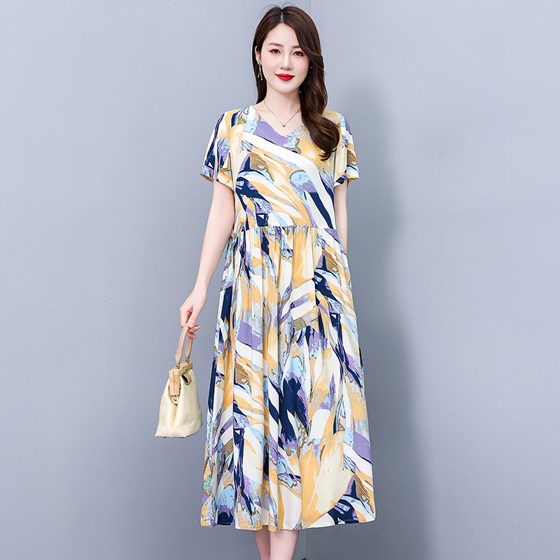 速发妈装夏装时尚棉绸连妈裙中老年大码衣洋气碎花新款裙子