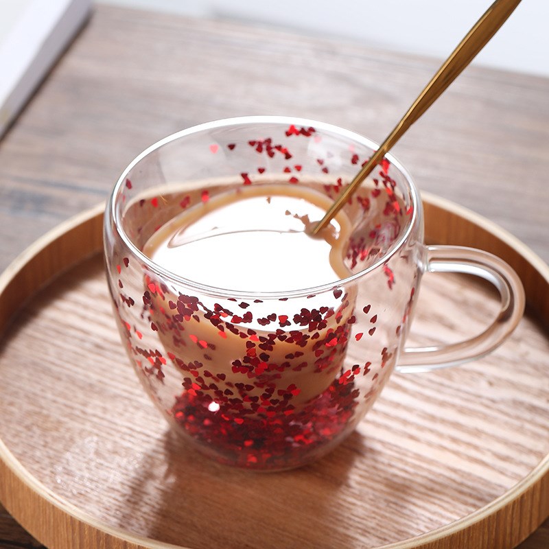 速发璀璨心形杯 创意双层少高温杯 耐心闪啡亮片咖粉杯茶具