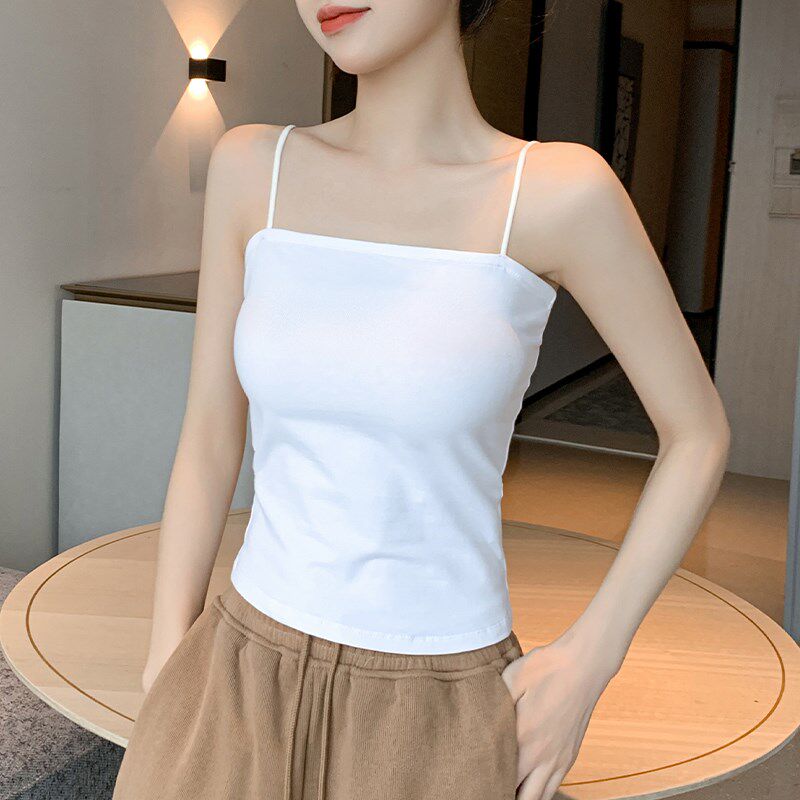 速发白色小吊带背心夏外穿内搭纯棉打胸垫法式一字美背带底上衣20