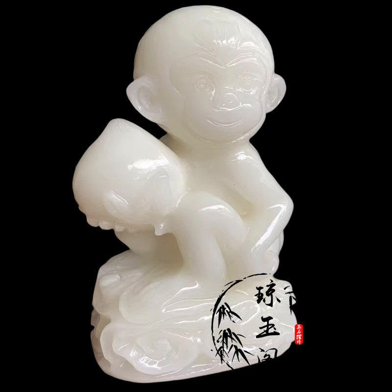 速发白玉猴子玉石摆件十二生肖猴办公室客厅玄关装饰摆件生日礼品