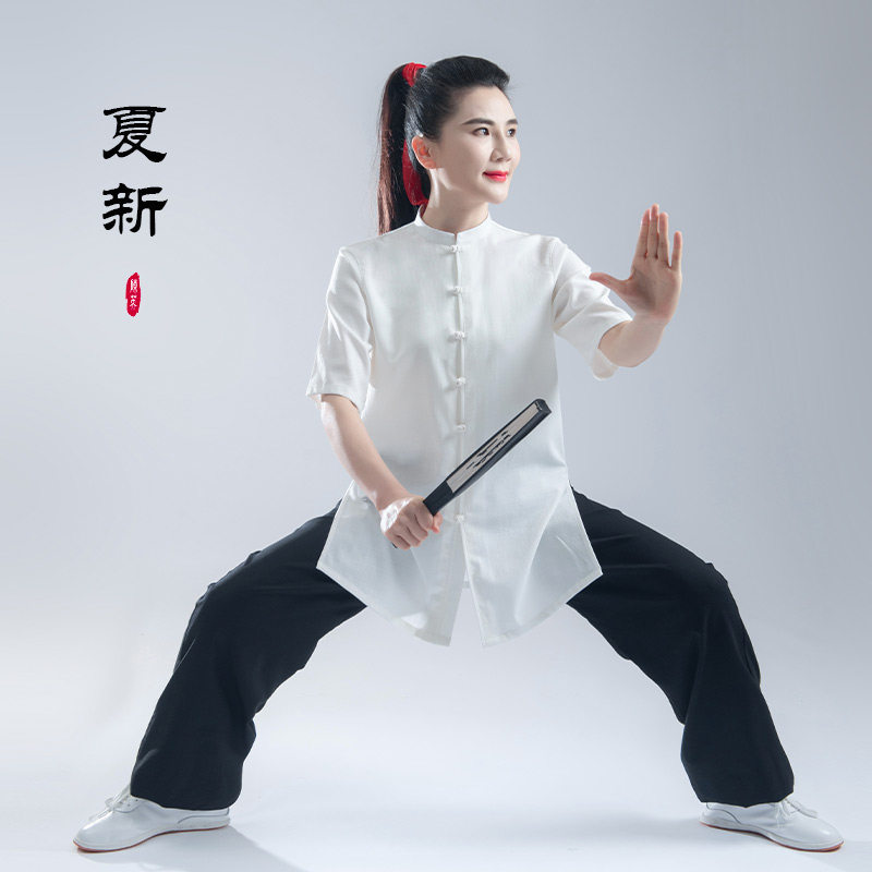 速发夏季白色太极服 男棉麻极国风 武居表演练功太中拳家术服装