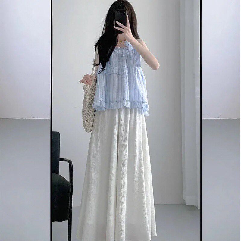 速发白色裙裤夏220款5新季多巴胺半身百褶裙高腰垂感褶皱阔腿裤仙