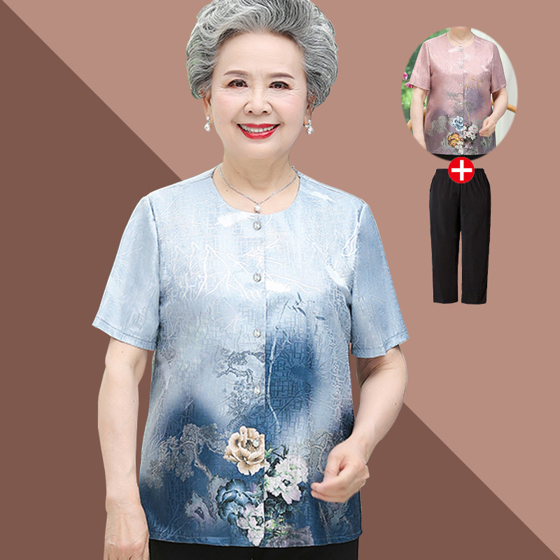 速发中老装人夏年奶妈薄款妈奶套装70岁80老太太印花小衫0