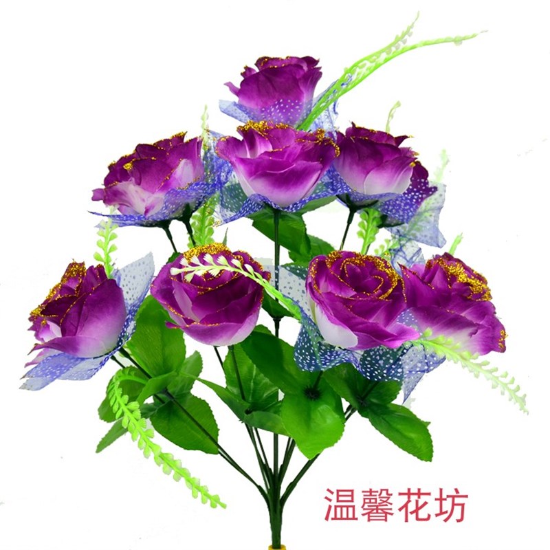 速发仿真玫瑰新款绢花假花12头沾金孔雀玫头玫瑰人造花清明祭祀扫