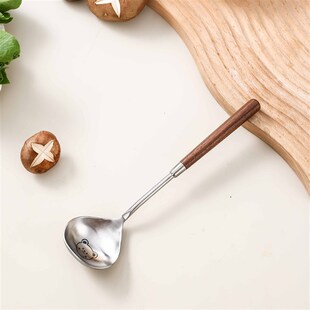 速发锈4不0钢汤勺家用长柄火锅勺厚意胡桃木加创烹饪勺厨具用品餐