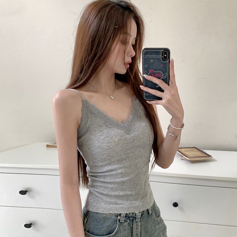 速发带胸垫蕾丝吊带背心磨毛v领性感打底衫上衣秋内搭可调节