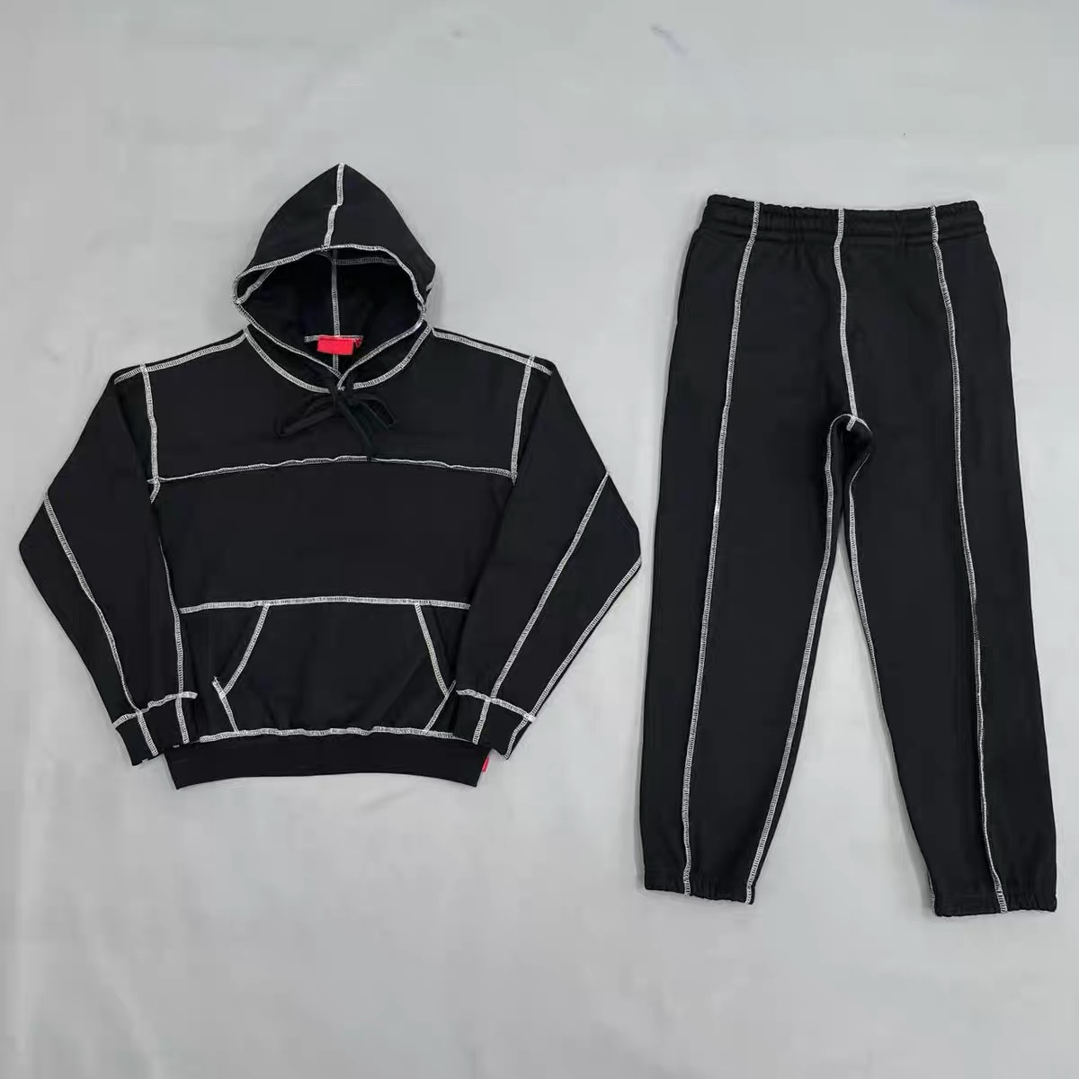 thumbnail for SUP 24FW American Contrast Line Lettered Embroidery Topstitch Hooded Sweatshirt Set (Hoodie + Sweatpants)
