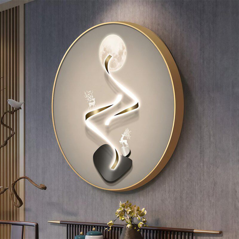 速发现代轻奢圆形装饰画客厅卧室挂画月亮鹿图案金色边框立体感