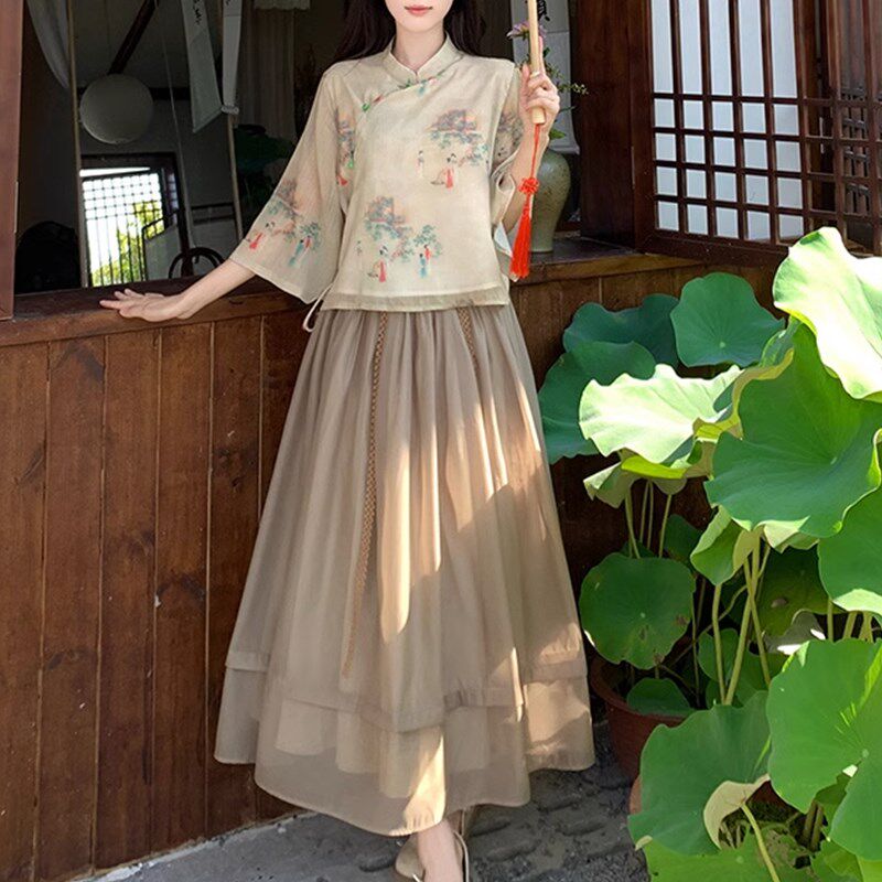 速发大码新中式改良盘扣国风古画上两半身复衣件套裙古优雅宽松连