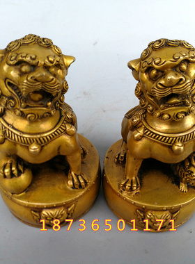 速发纯铜狮子小摆件黄铜对鼓狮鼓把件兽头装古玩铜器家居子饰品摆