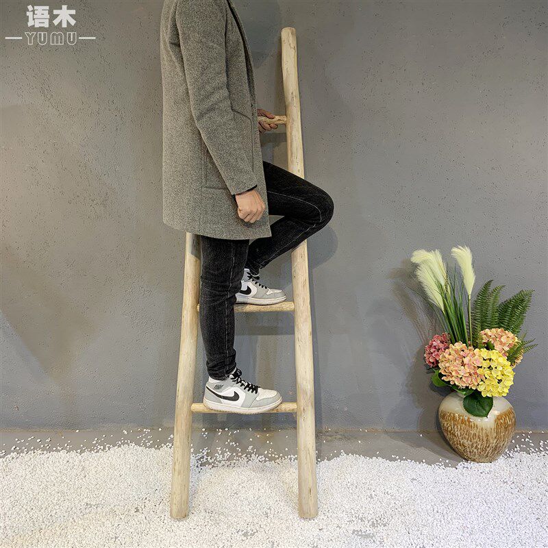 速发梯子 家用拍照道具原木爬梯靠墙楼梯置物架装饰复古摆件直梯