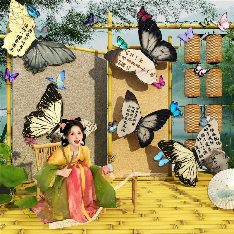 速发打卡茶室小馆院布风场造景氛围古置毛毡蝴蝶墙面装饰贴民宿外