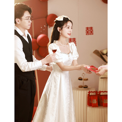 速发白色气晚礼服日常可穿端庄大面亮小回门订婚连衣裙领证登记小