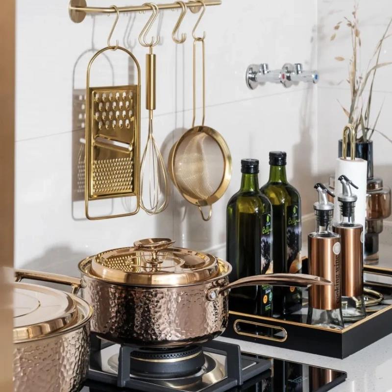 样板间展厅厨房台面软装饰品摆件不锈钢锅具调味罐道具组合新中式