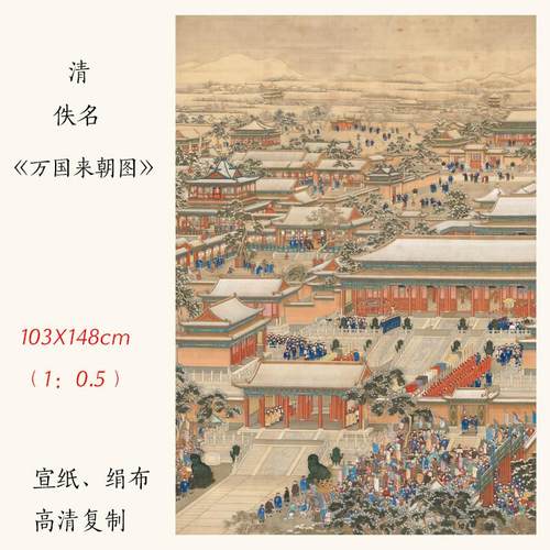 清代佚名万国来朝宫廷景象国画人物图案装饰品办公室山水挂轴包邮