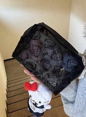 【下单立减50】简约可爱黑色网纱kitty化妆包便携大容量收纳包_WF