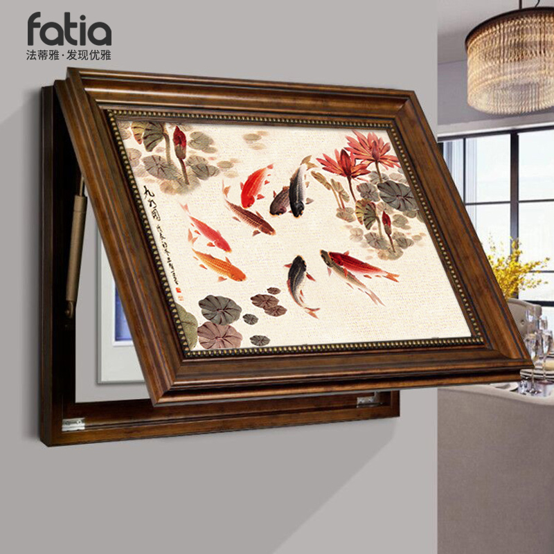 新中式实木电表箱装饰画免打孔电闸开关遮挡客厅配电箱挂画九鱼图