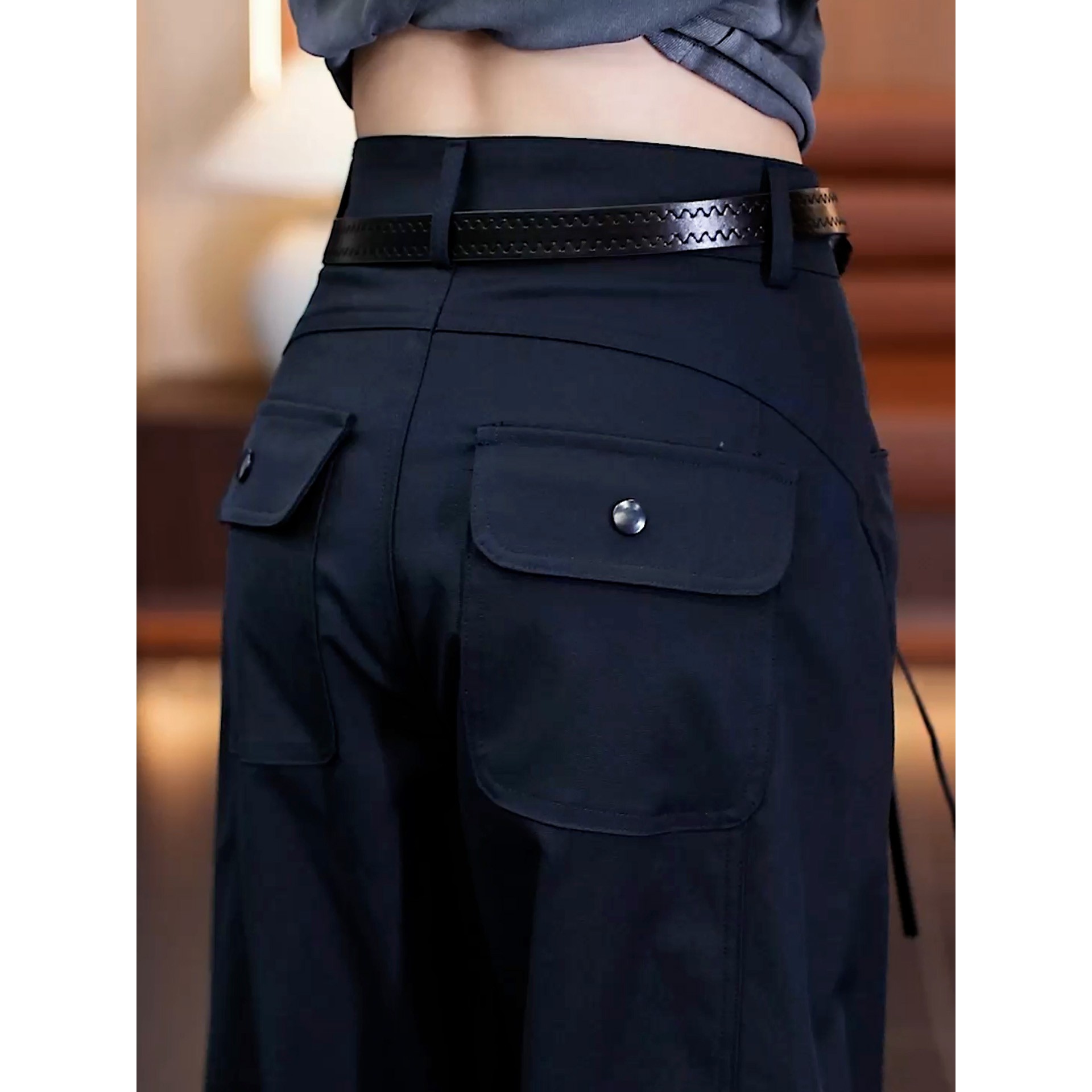 藏青色秋季弯刀工装裤子女款2025新款秋冬高腰显瘦女士运动阔腿裤